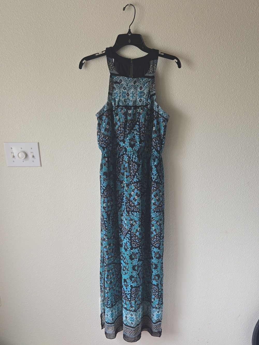 Enfocus Studio Teal and Black Patterned Halter Maxi Dress
